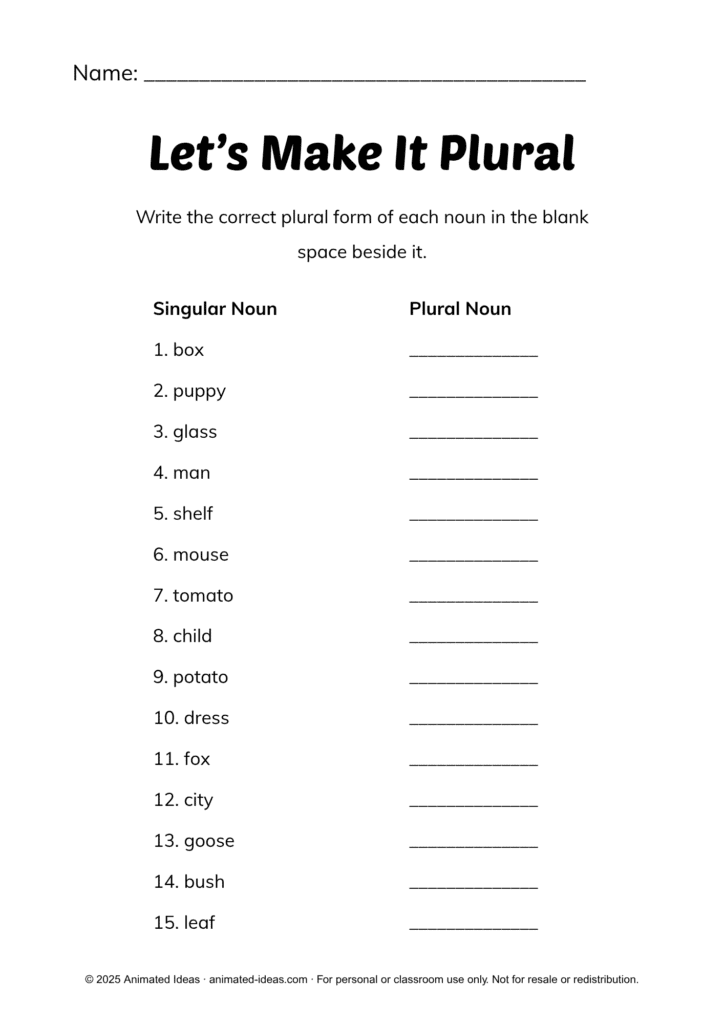 Singular and Plural Nouns Worksheets for Grade 4 – fill-in-the-blank worksheet for forming plural nouns from singular forms.