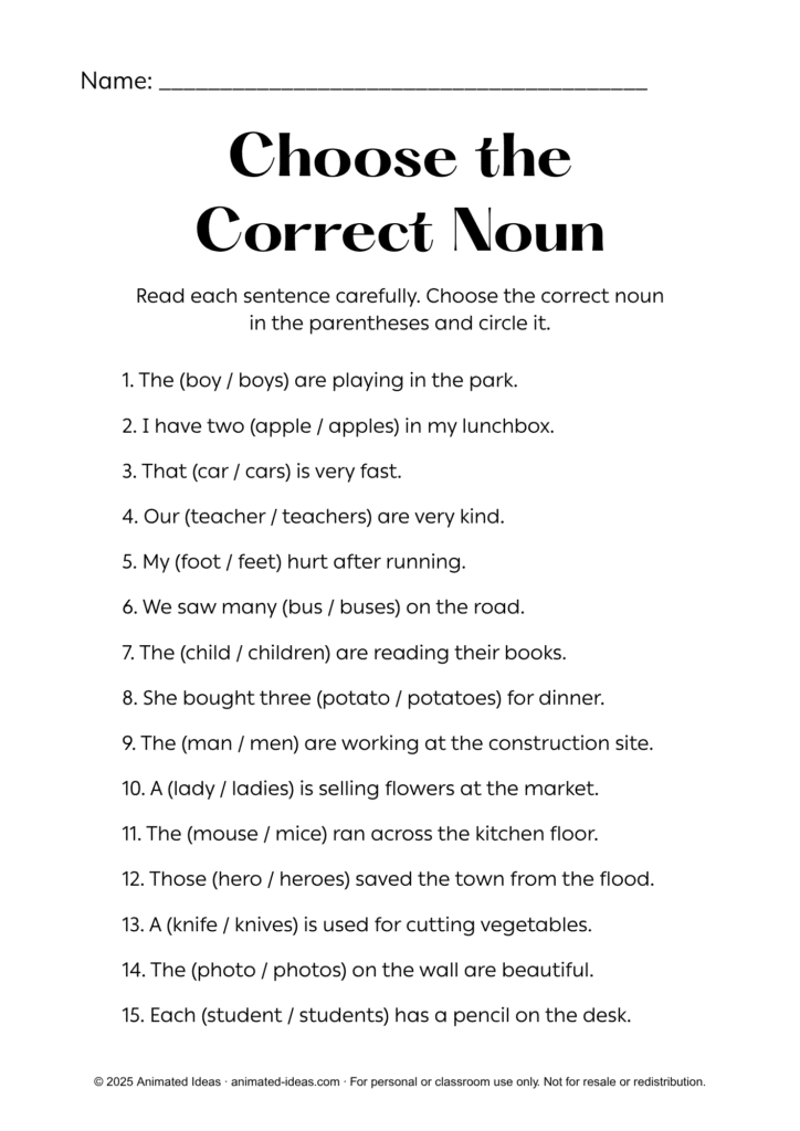 Singular and Plural Nouns Worksheets for Grade 4 – choose the correct noun in parentheses to practice singular and plural usage in sentences.