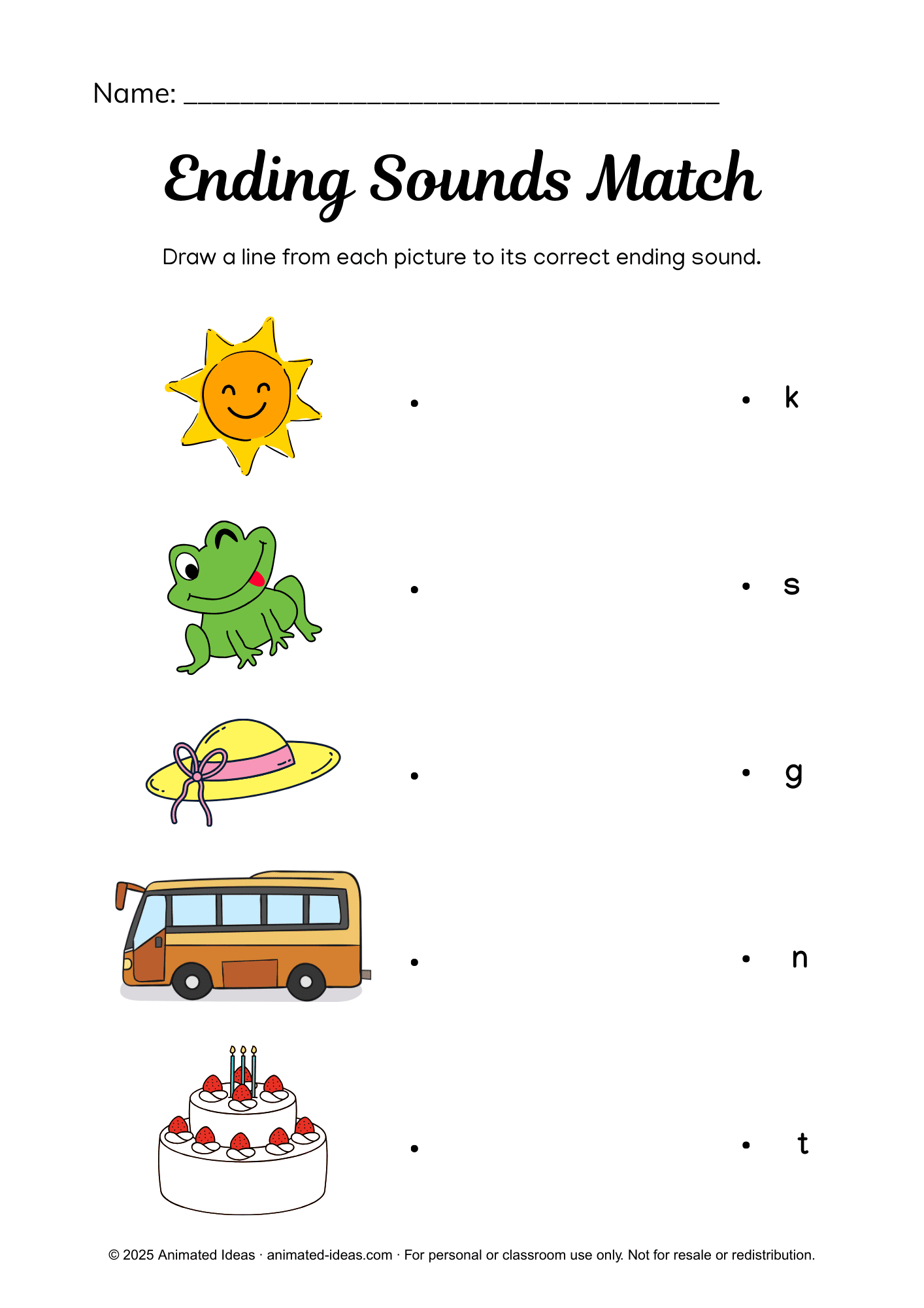 Ending Sounds Match Worksheet for 1st Grade