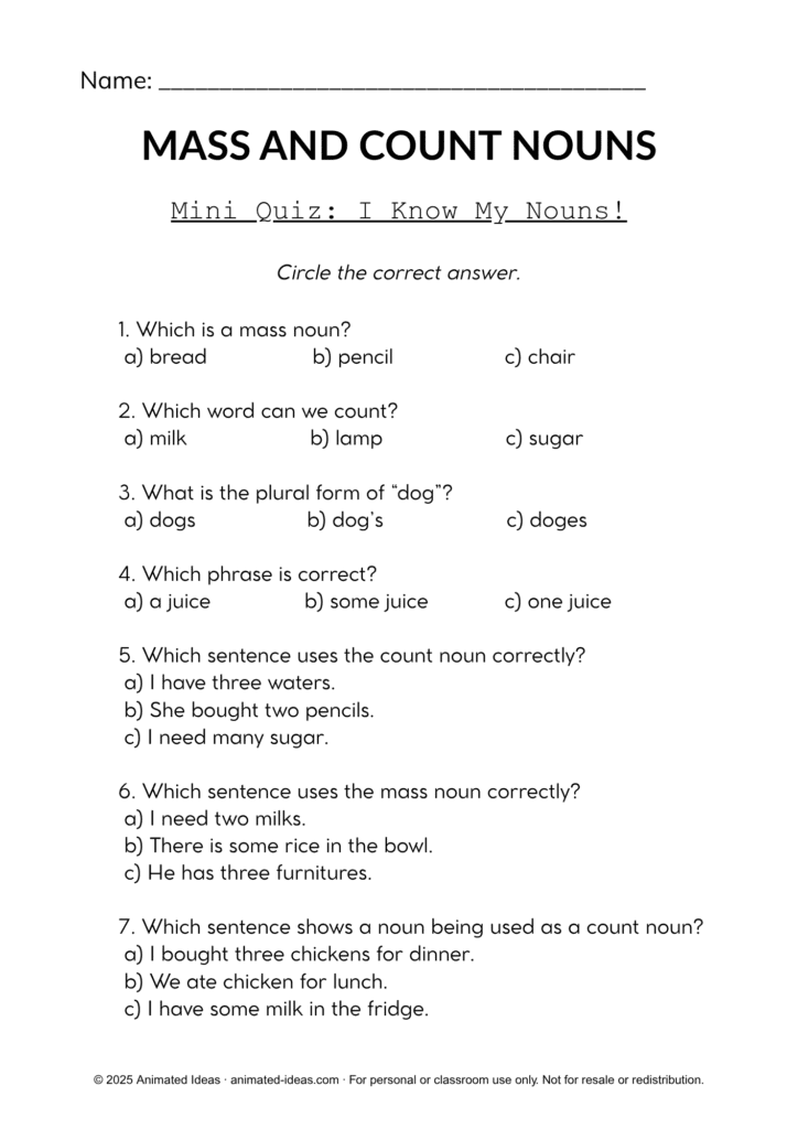 4th Grade Mass and Count Nouns Worksheets with quiz questions