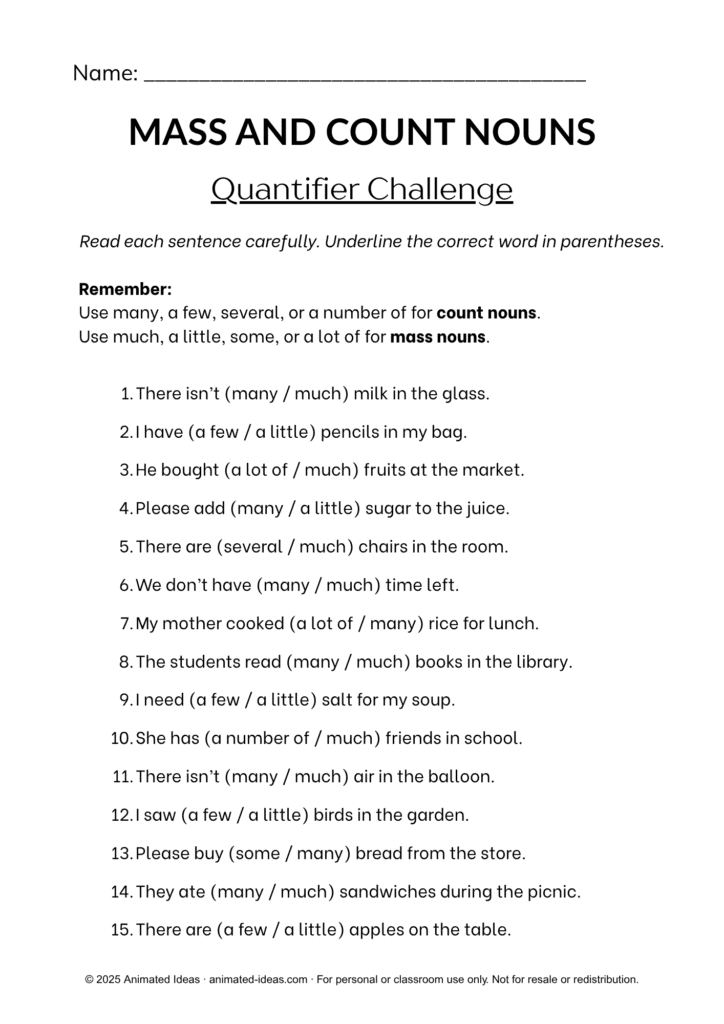 4th Grade Mass and Count Nouns Worksheets with quantifier exercises