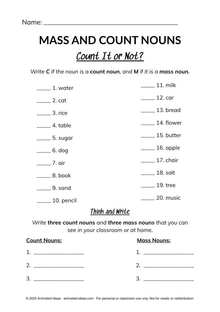 4th Grade Mass and Count Nouns Worksheets with writing practice