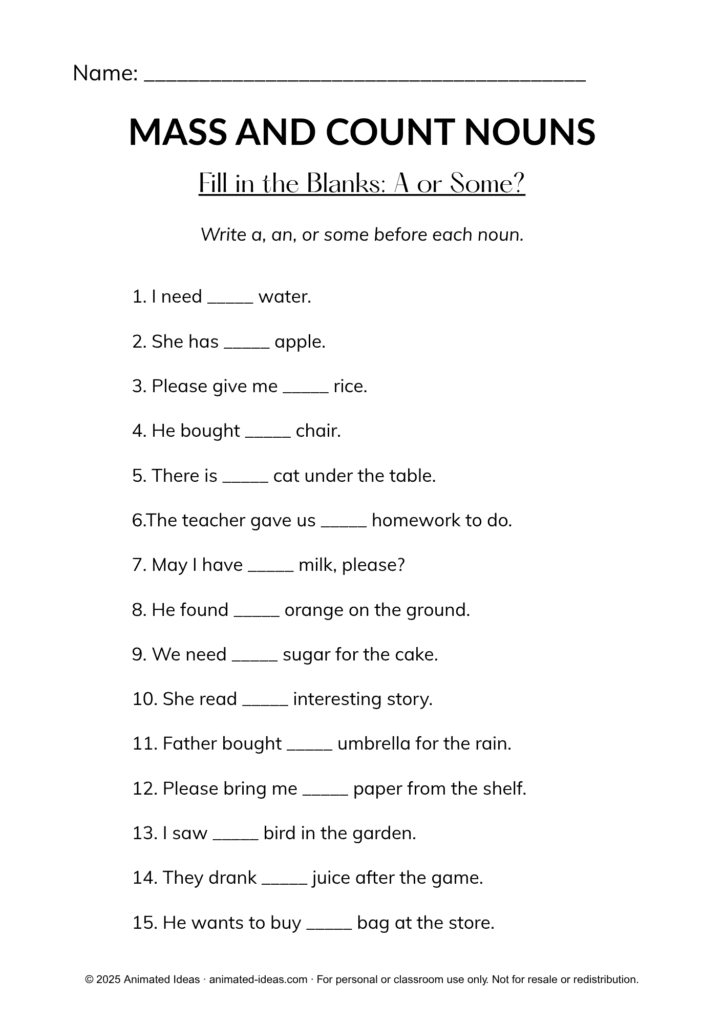 4th Grade Mass and Count Nouns Worksheets with fill-in-the-blank exercises