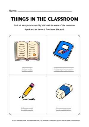 Things in the Classroom Tracing Worksheets – Colored version showing classroom object pictures for kids to trace.