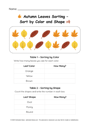 Autumn Leaves Sorting Worksheet – fun kindergarten activity to sort leaves by color and shape
