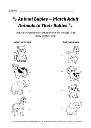 Animal Babies Matching Worksheets Page 2 – match cat, cow, horse, and elephant to their babies – cute coloring activity for preschoolers from Animated Ideas.