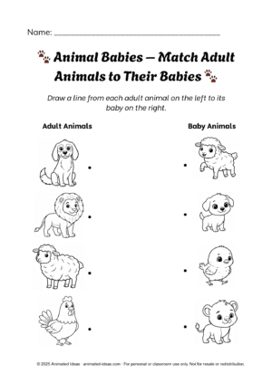 Animal Babies Matching Worksheets Page 1 – match dog, lion, sheep, and hen to their babies – fun preschool printable from Animated Ideas.