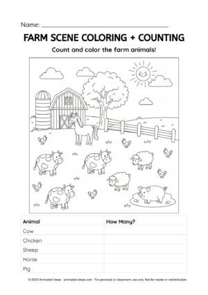 Farm Scene Coloring and Counting Worksheet for preschool kids – count and color farm animals like cows, chickens, and sheep.