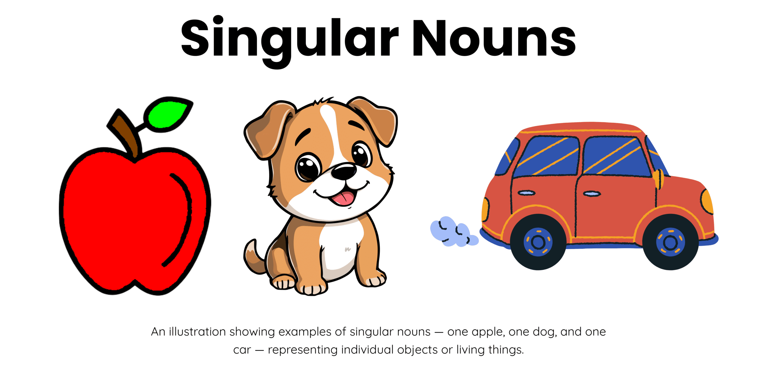 An illustration showing examples of singular nouns — one apple, one dog, and one car — representing individual objects or living things.
