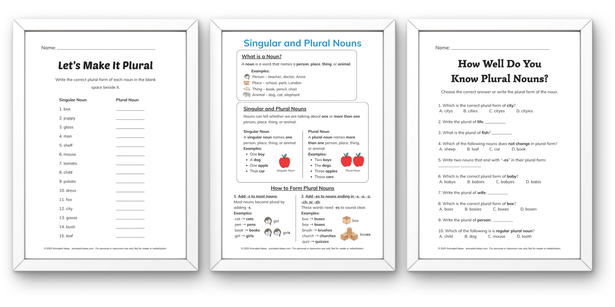Singular and plural nouns chart with examples for kids