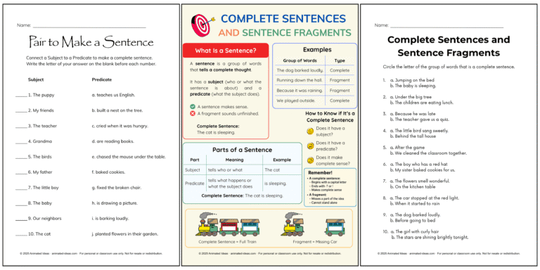Identifying Complete Sentences and Sentence Fragments – Grammar Lesson for Grade 3 with Examples and Printable Notes by Animated Ideas