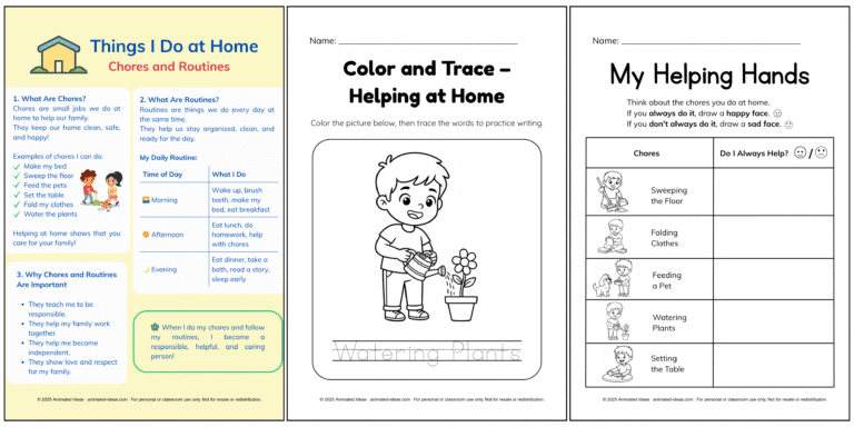 Things I Do at Home: Chores and Routines – printable coloring activity about home chores for kids.