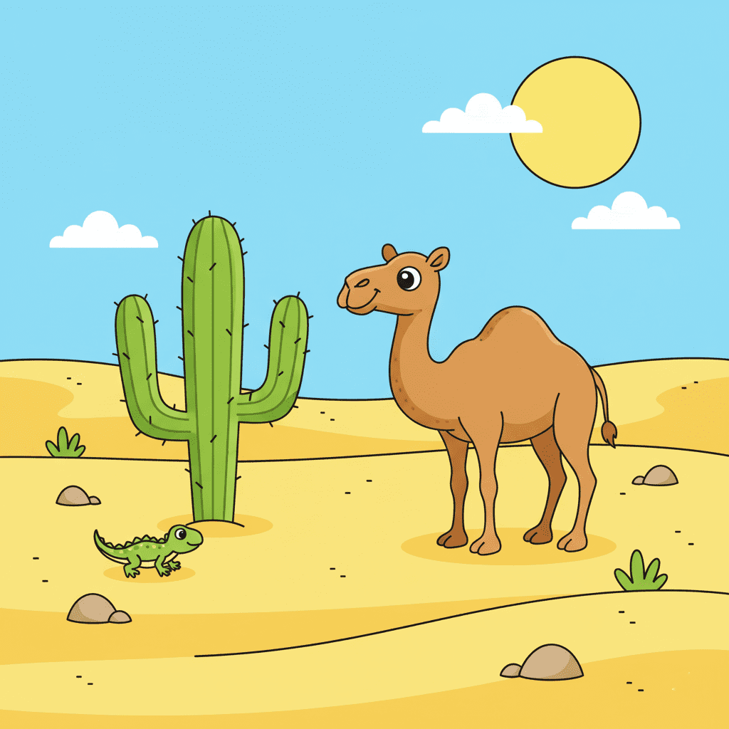 Desert habitat with camels, cactus, and sand dunes.