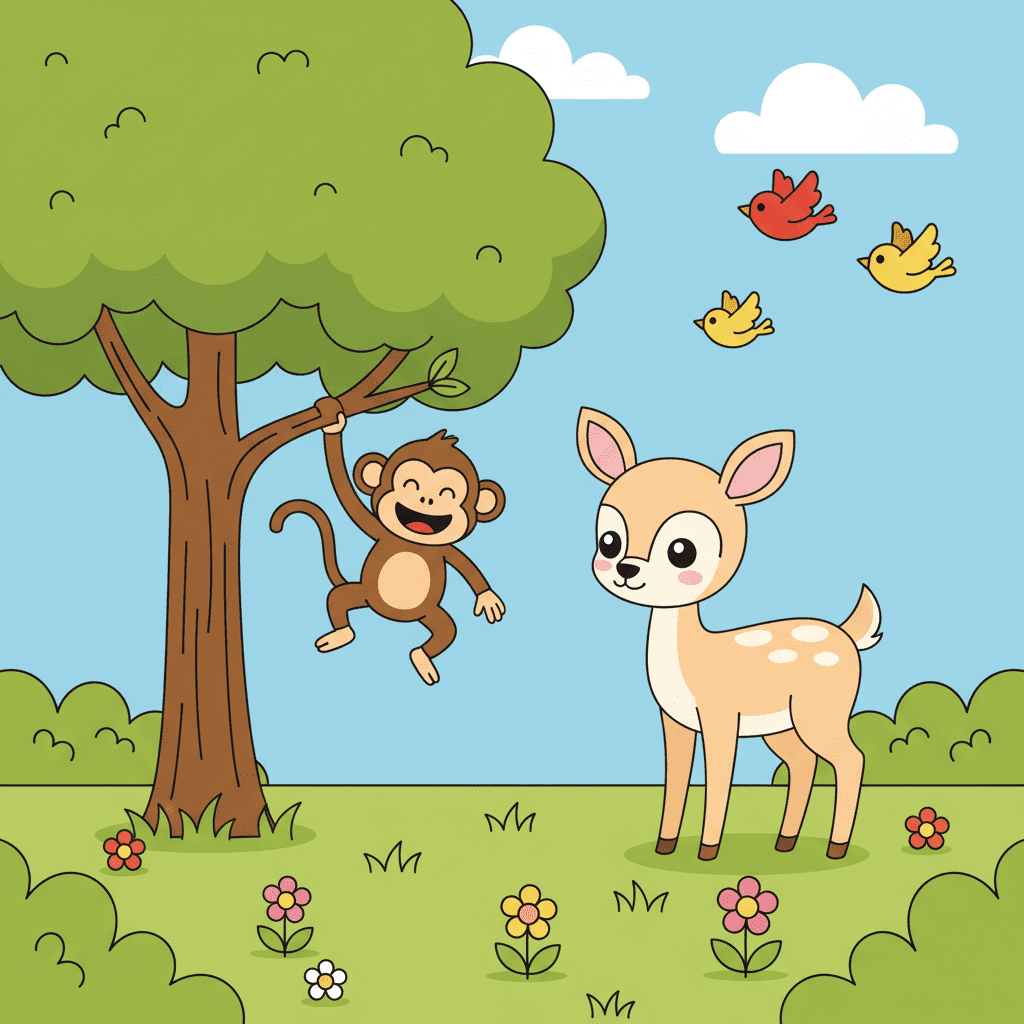 Illustration of a forest habitat showing trees, birds, deer, and insects.