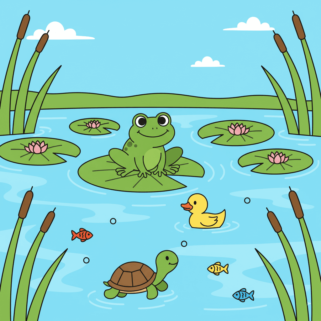 Freshwater habitat (one of the Habitats of Living Things) showing pond with ducks, frogs, fish, and plants. 