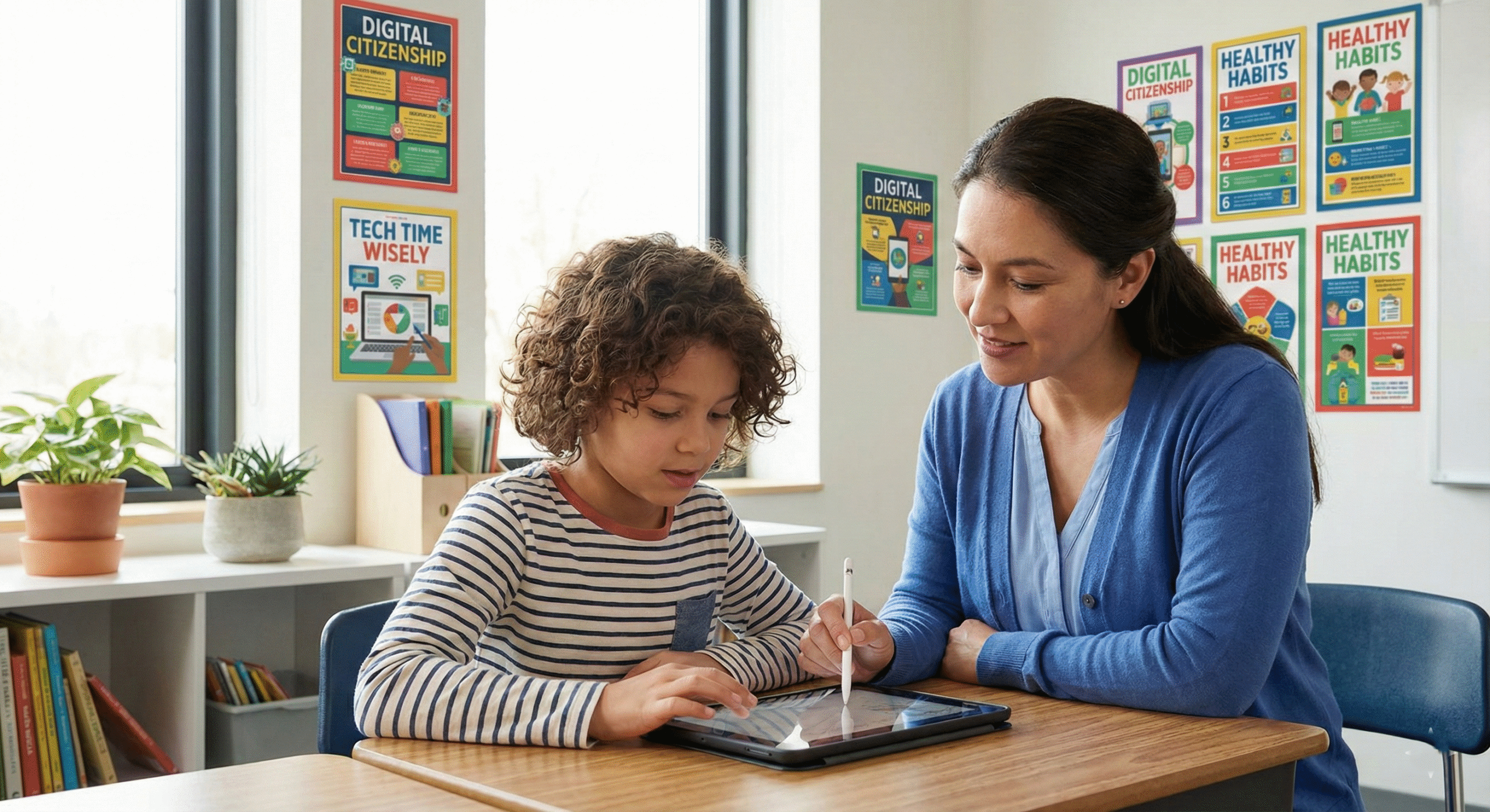 Teaching kids how to use technology safely and responsibly — child learning online with adult supervision.