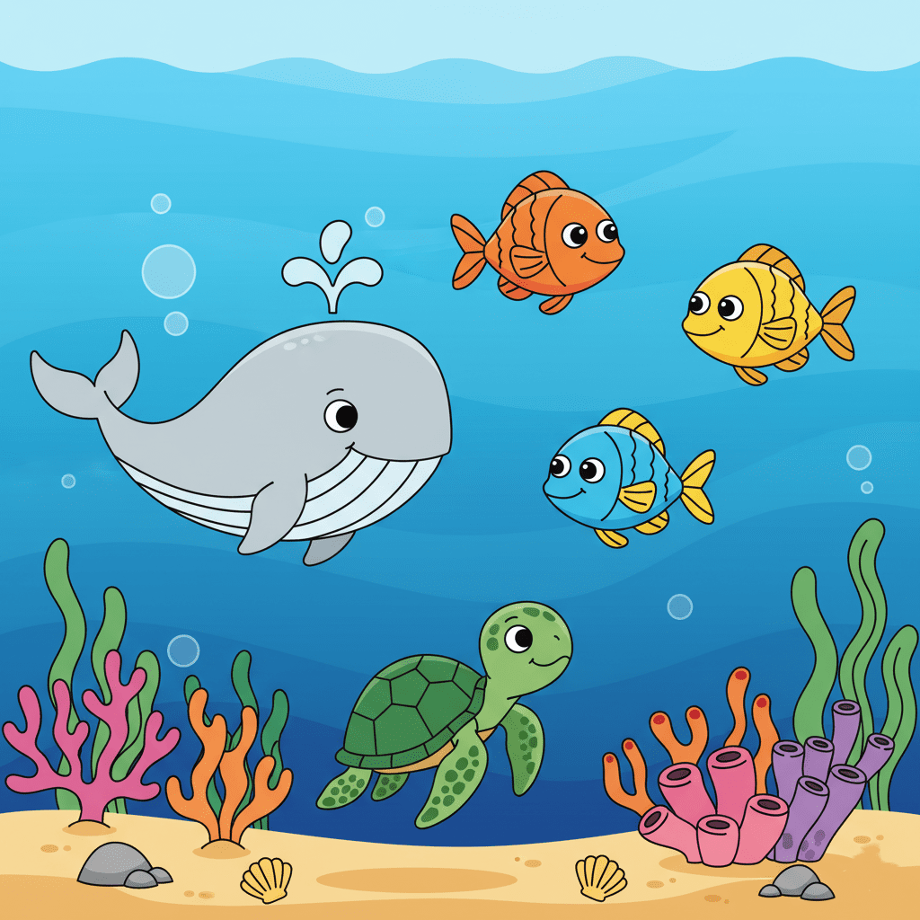 Underwater scene showing fish, coral reefs, dolphins, and sea plants.