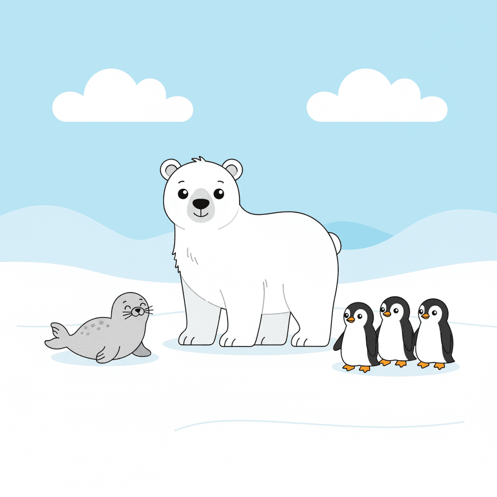 Arctic habitat ( one of the Habitats of Living Things)  with polar bears, penguins, and icy landscapes.