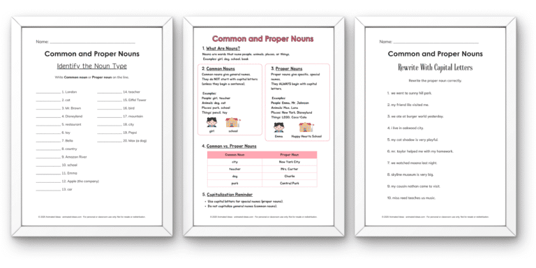 Worksheet-style image explaining Common and Proper Nouns using child-friendly visuals and simple labels.