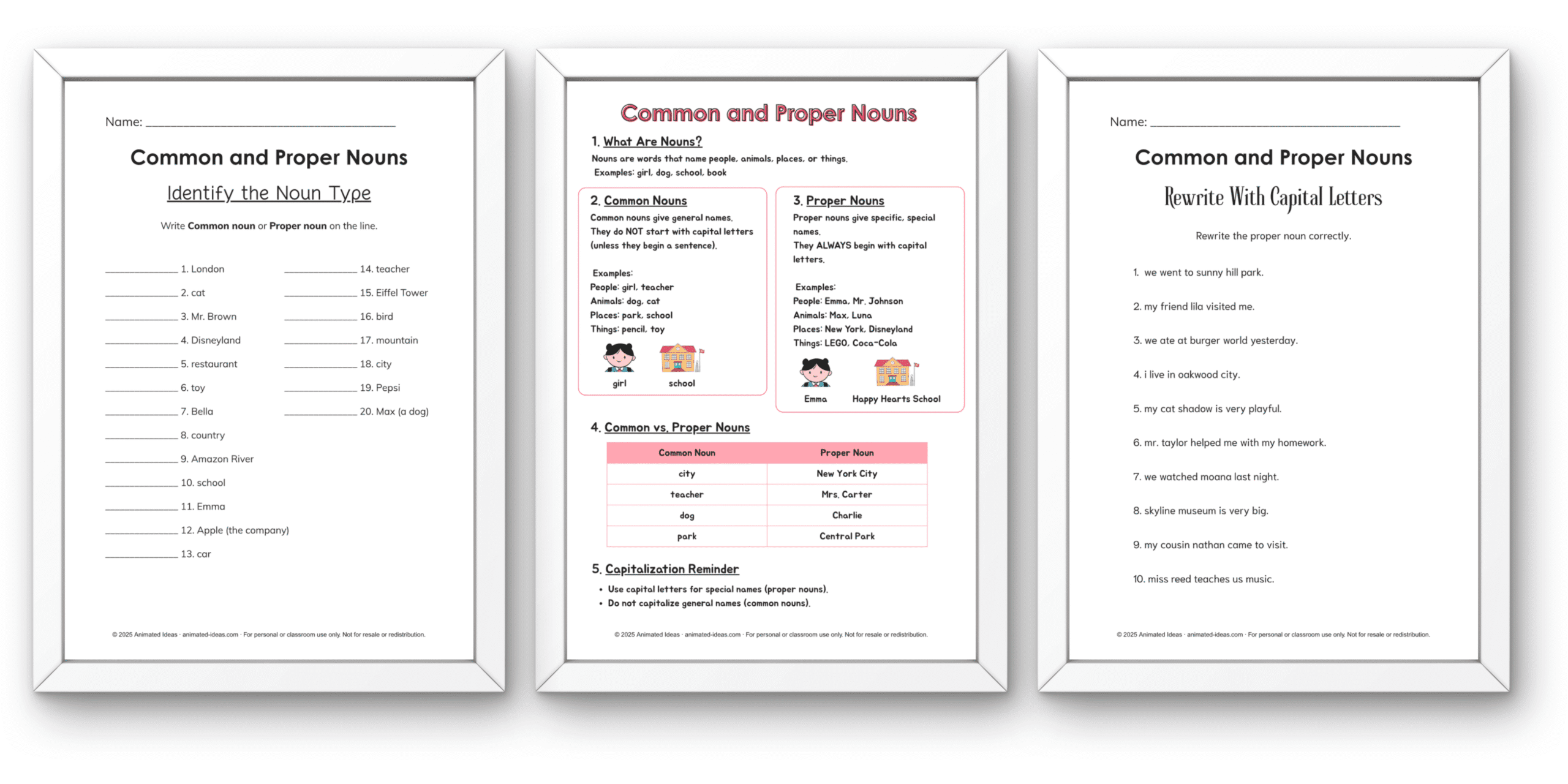 Worksheet-style image explaining Common and Proper Nouns using child-friendly visuals and simple labels.