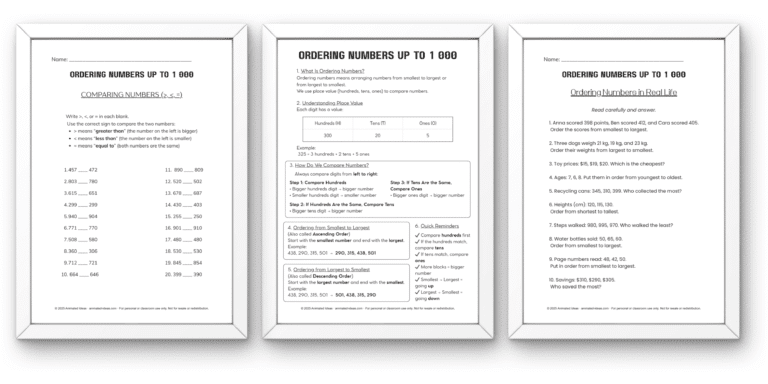 Printable 2nd grade ordering numbers up to 1000 worksheets