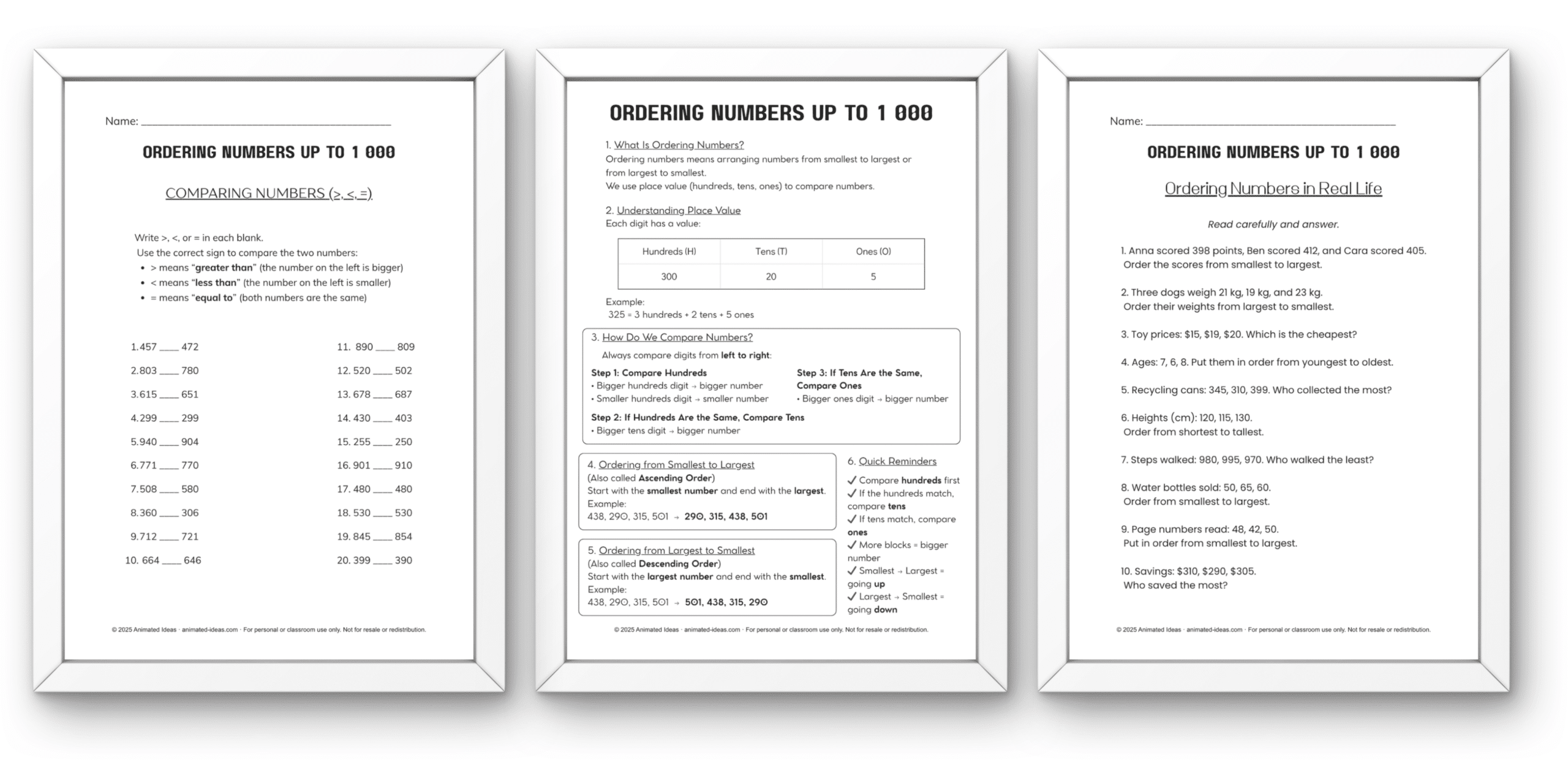 Printable 2nd grade ordering numbers up to 1000 worksheets