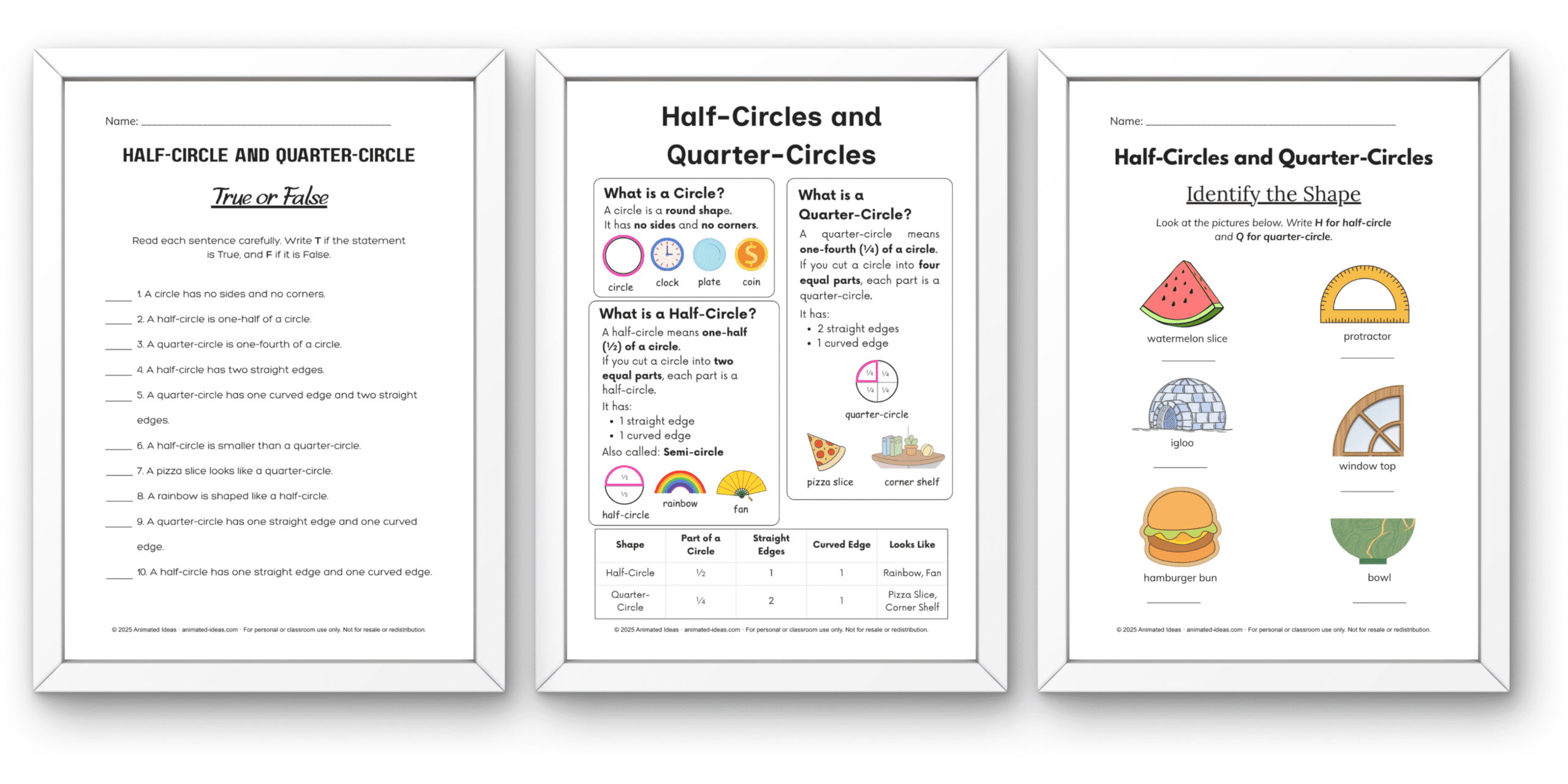 Worksheets for 2nd grade students about half-circles and quarter-circles shapes, including coloring and comparison activities.
