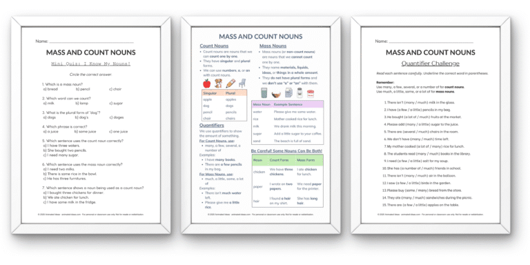 mass and count nouns worksheets and handout