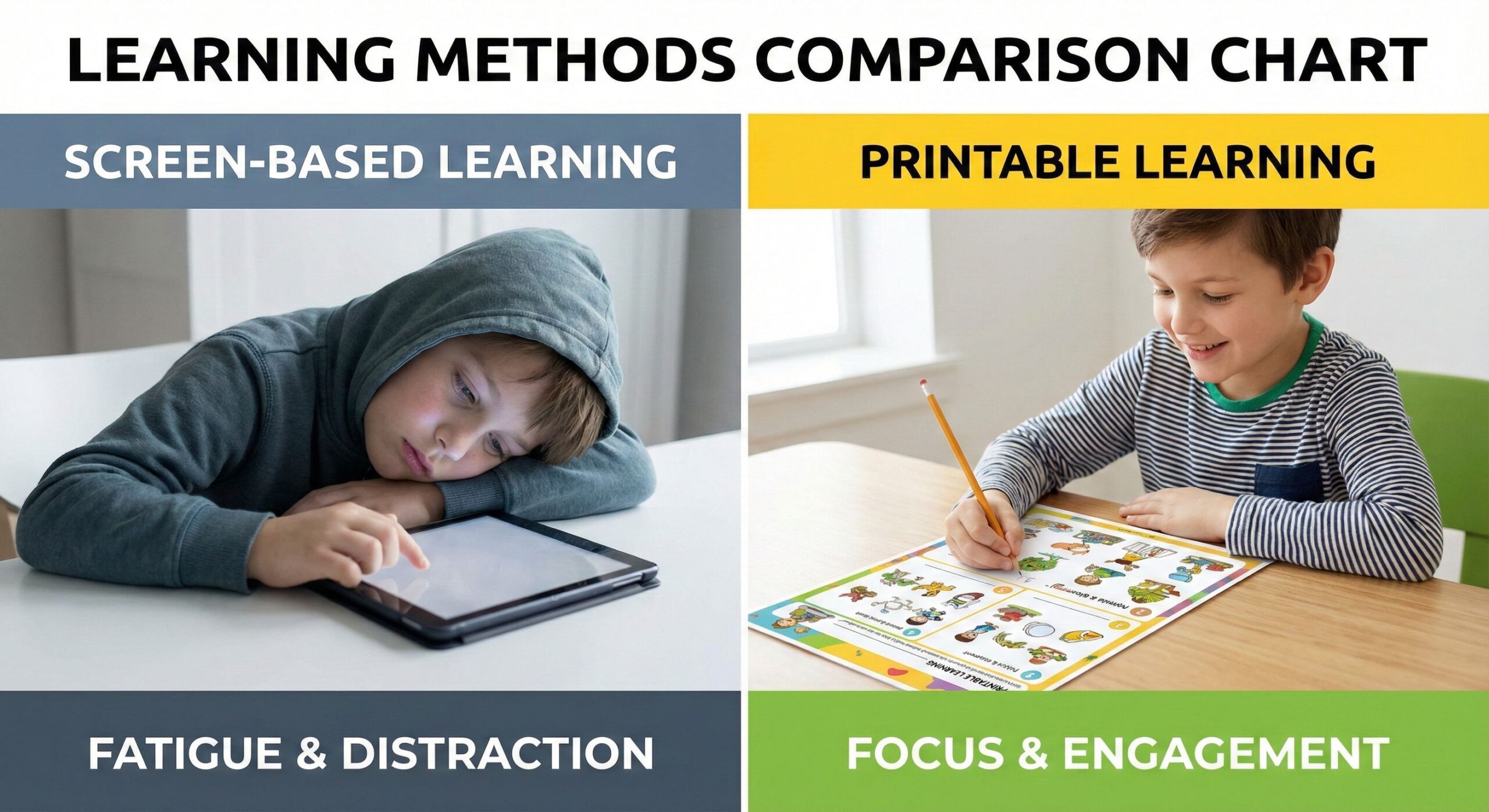 Comparison chart of screen-based learning vs printable learning - Printable Learning vs Digital Tools