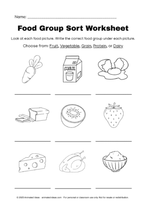 Black and white Food Group Sort Worksheet – food group sort worksheet for Grade 1 with line-art food images for writing fruit, vegetable, grain, protein, or dairy labels