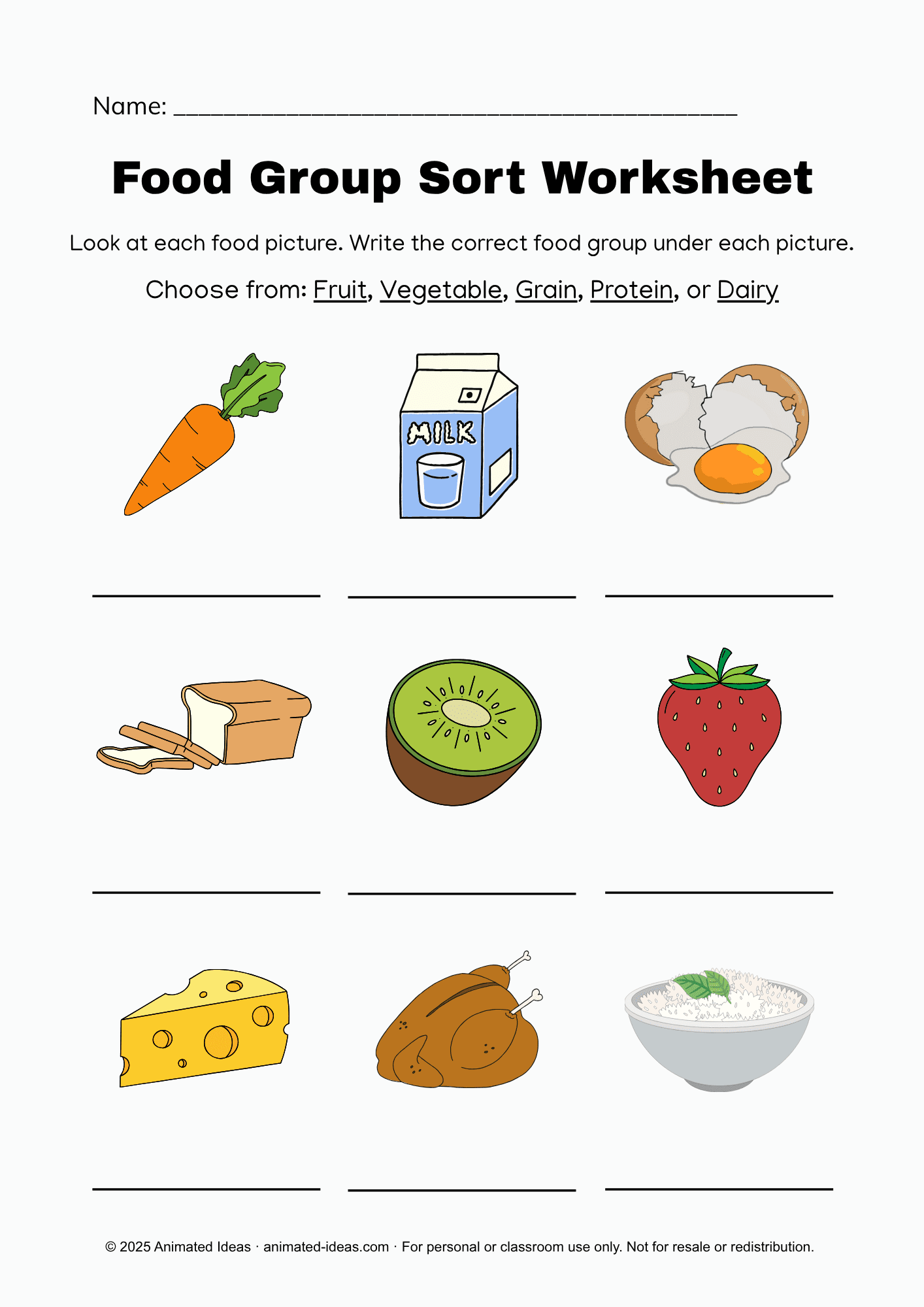 Colored Food Group Sort Worksheet – food group sort worksheet for Grade 1 showing pictures of foods to label as fruit, vegetable, grain, protein, or dairy