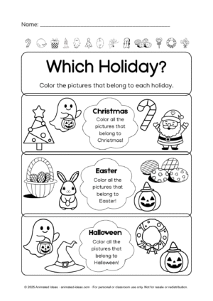 Holidays Sorting Worksheet – Educational holiday sorting game for young children