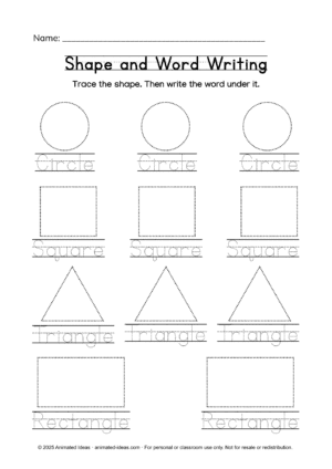 shape and word writing worksheet for handwriting and shape recognition practice