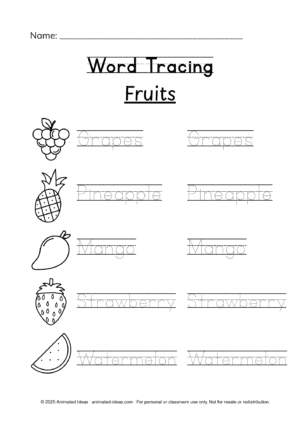 Word Tracing – Fruits worksheet page for preschool handwriting practice showing fruit names like mango, grapes, and watermelon.