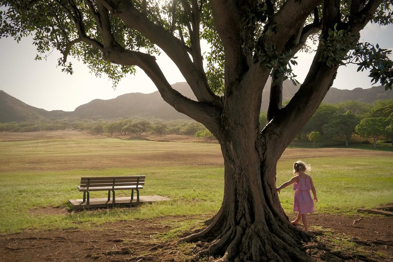 Calm child resting under a tree showing outdoor play benefits for emotional well-being.