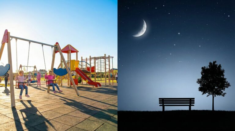 opposites worksheet for kids featured image showing day and night contrast