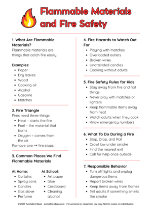 Flammable Materials Printable Notes for learning fire safety.