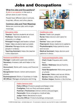 Jobs and occupations notes showing education jobs for beginner ESL learners
