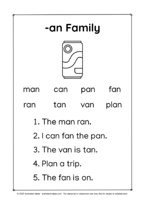 Word family reading passages for beginners focusing on -an CVC words