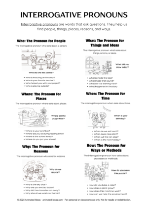 Interrogative Pronouns Free Printable Notes in black-and-white for children’s classroom or home use.