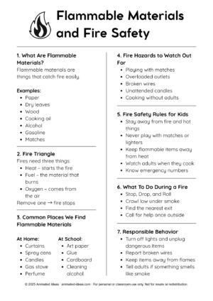 Flammable Materials Printable Notes (Black and White) Flammable Materials Printable Notes showing fire hazards and safety rules for kids
