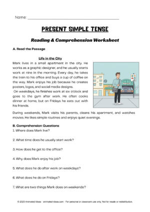 Present simple worksheets bundle including reading, sentence building, and grammar exercises.”