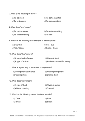 Learn Homophones Quiz for Beginners with Printable Worksheets