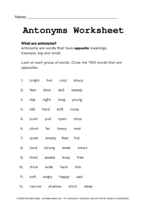 Antonyms Worksheets Synonyms and Antonyms Worksheets – Antonyms activity showing elementary students circling words with opposite meanings.