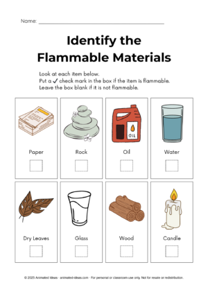 Identify the Flammable Materials worksheet image showing common items for flammable materials and fire safety worksheets