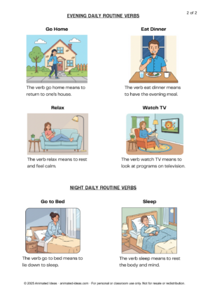 Common Daily Routine Verbs Examples daily routine verbs printable notes with example sentences ESL