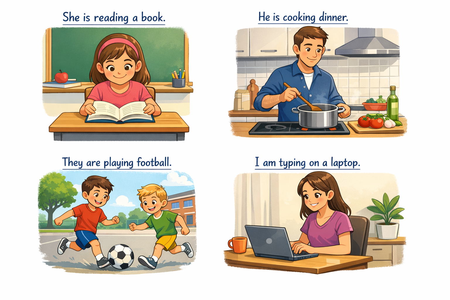 Examples of the Present Continuous Tense (Affirmative): She is reading, He is cooking, They are playing, I am typing – actions happening right now.