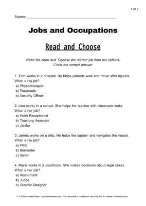 Jobs and occupations worksheets with short reading tasks for ESL beginners