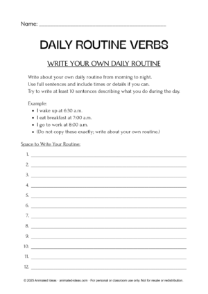 daily routine verbs worksheets writing activity for beginner ESL learners
