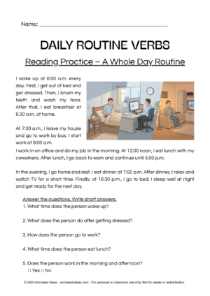daily routine verbs worksheets reading practice for beginner English students